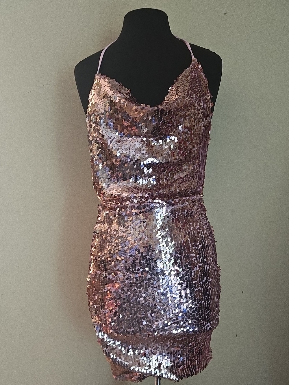 CBR Rose Gold Sequin Cowl Neck Mini Dress